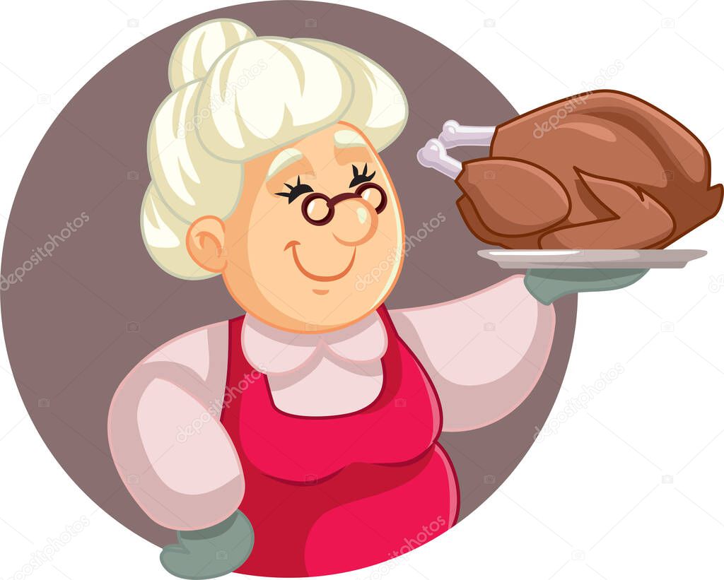 Senior Woman Holding a Festive Roasted Turkey Vector Cartoon Illustration