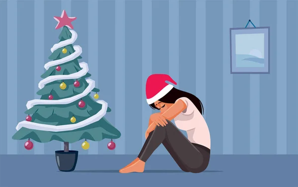 Üzgün Mutsuz Kadın Noel Yalnız Ağlayarak Geçiriyor — Stok Vektör