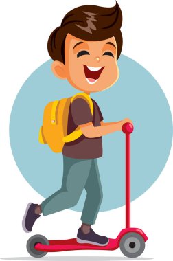 Neşeli Çocuk Scooter Vektör Çizgi Filmiyle Okula Gidiyor