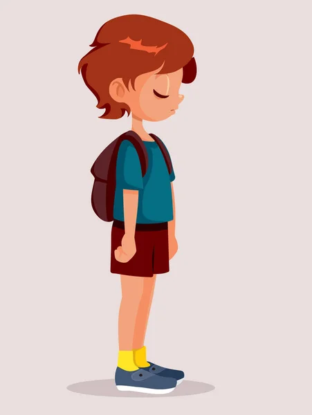 Menino Estudante Infeliz Vestindo Sua Mochila Vector Cartoon —  Vetores de Stock