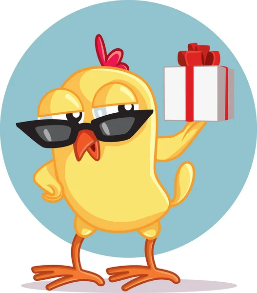 Schattige Kip Met Een Geschenkdoos Vector Cartoon Illustratie — Stockvector