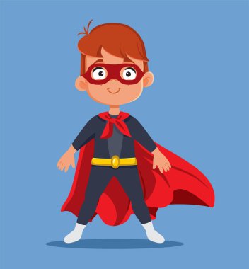 Kırmızı Pelerin ve Kahraman Kostümü Giyen Mutlu Süper Küçük Çocuk