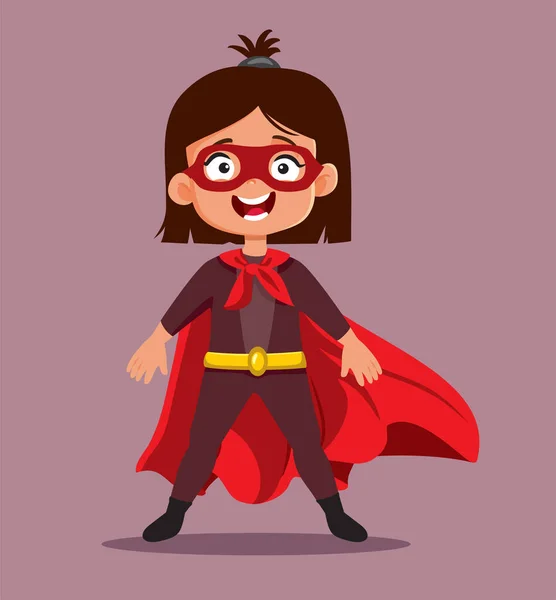 Happy Super Little Girl Poartă Mantie Roșie Costum Erou — Vector de stoc