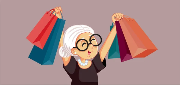 Happy Cheerful Senior Woman Holding Bags Shopping Vector Illustration - Stok Vektor