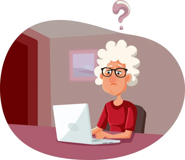 Senior Vrouw Niet Weten Hoe Computer Vector Cartoon Bedienen — Stockvector