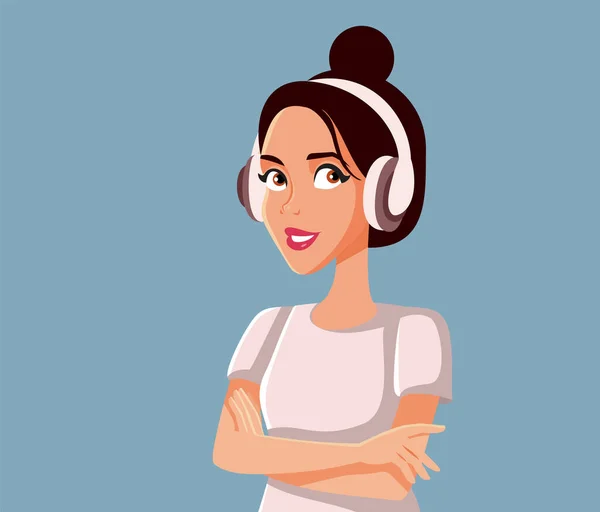 Wanita Muda Bahagia Mendengarkan Pada Headphone Vector Illustration Nya - Stok Vektor