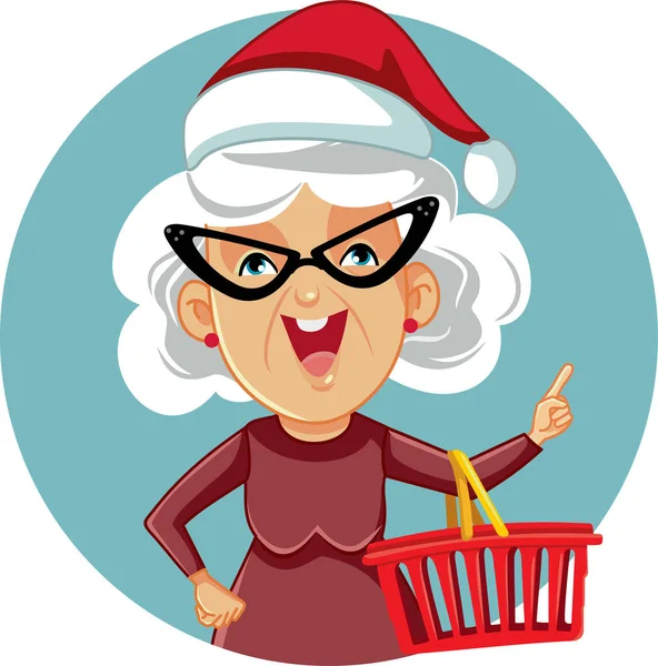 Mrs Claus Holding Shopping Basket Vector Cartoon Illustration - Stok Vektor