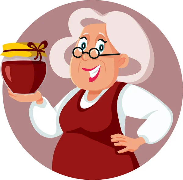 Perempuan Senior Memegang Pot Jam Homemade Vector Cartoon Illustration - Stok Vektor