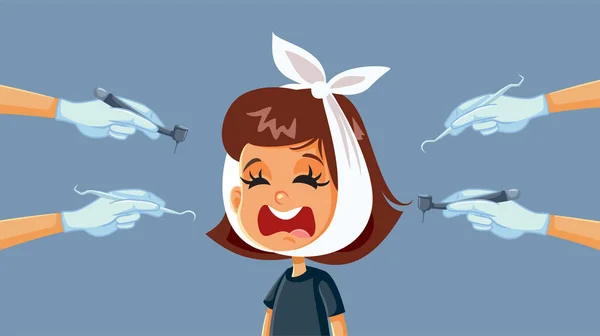 Scared Little Girl Suffering Dental Cabinet Vector Illustration Dalam Bahasa - Stok Vektor