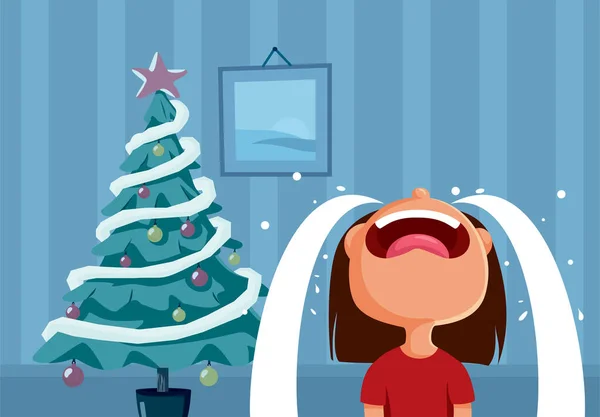 Sad Little Girl Crying Christmas Day Vector Cartoon - Stok Vektor