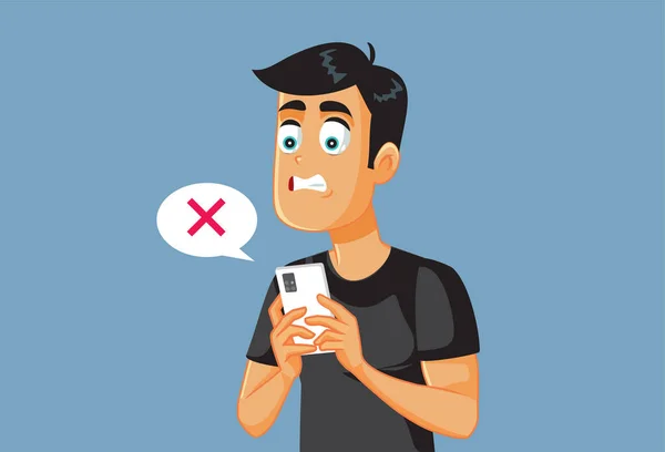 Verzweifelter Mann Erhält Ablehnungsbescheid Auf Seinem Handy — Stockvektor