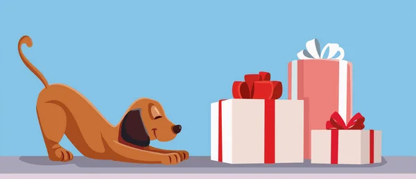 Adorável Cão Encontrar Uma Pilha Presentes Natal Vector Cartoon Ilustração — Vetor de Stock