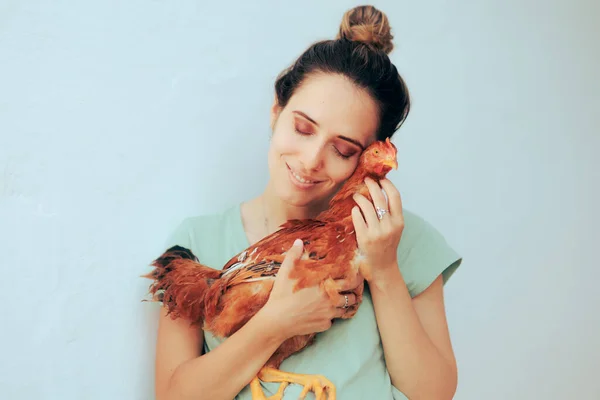 Happy Smiling Woman Holding Pet Chicken — Stock Photo, Image