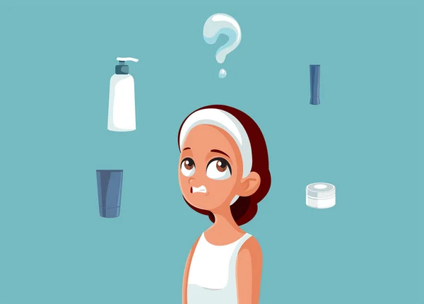 Menina Adolescente Confusa Escolhendo Cuidado Pele Cosmético Product Vector Illustration — Vetor de Stock