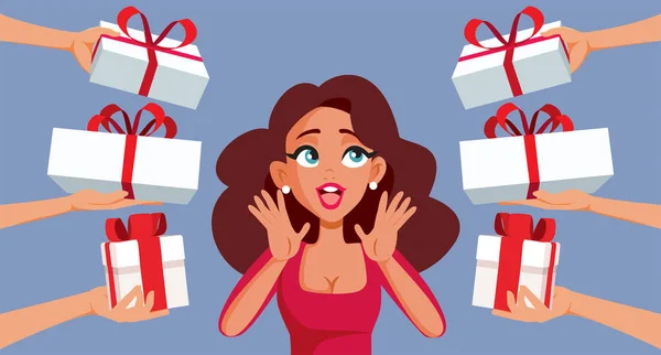 Happy Woman Recevant Nombreux Cadeaux Anniversaire Illustration Vectorielle Bande Dessinée — Image vectorielle