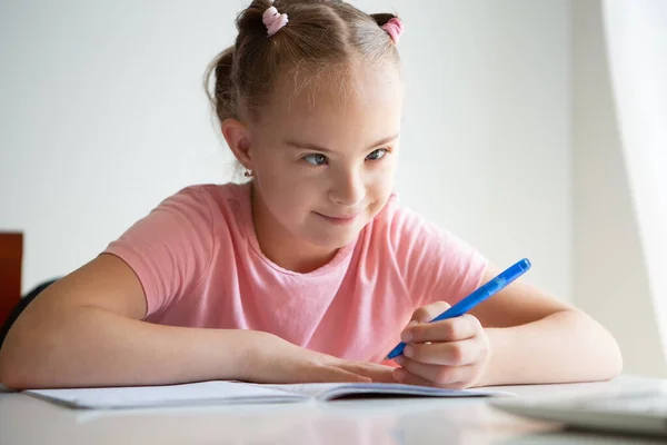 Girl Syndrome Does Her Homework Home Prepares Her Hand Writing — Stock Fotó