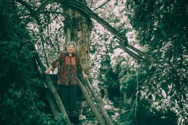 Asyalı yaşlı yaşlı kadın yaşlı kadın bahçede dinleniyor. son sınıf eğlence yaşam tarzı