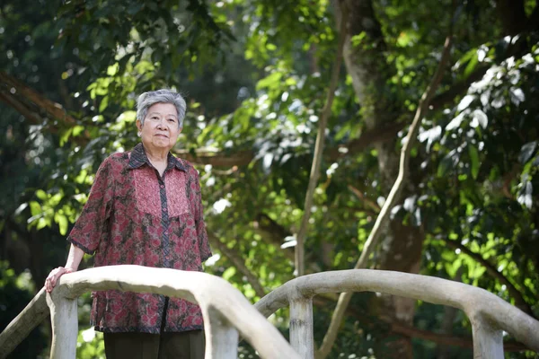 亚洲老年老年妇女在花园里休息休息 老年人休闲生活方式 — 图库照片
