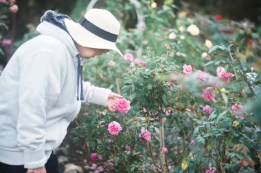 old senior woman relaxing in rose flower garden