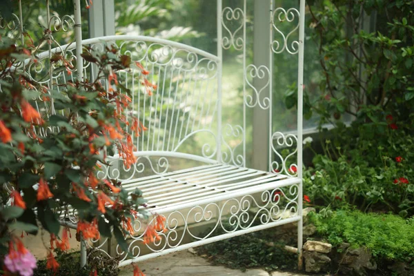 Białe Metalowe Krzesło Parku Ogrodowym Kwiat Wiosną Lato — Zdjęcie stockowe