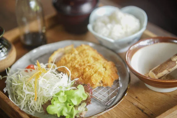 切碎的卷心菜 油炸脆猪肉片 日本饭 汤加素 — 图库照片