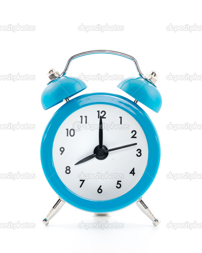 Blue old style alarm clock isolated on white background