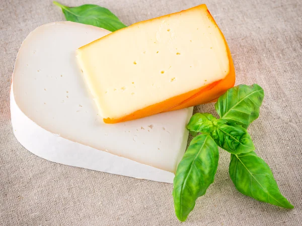 Formaggio bianco e giallo con foglia di basilico sul tavolo — Foto Stock