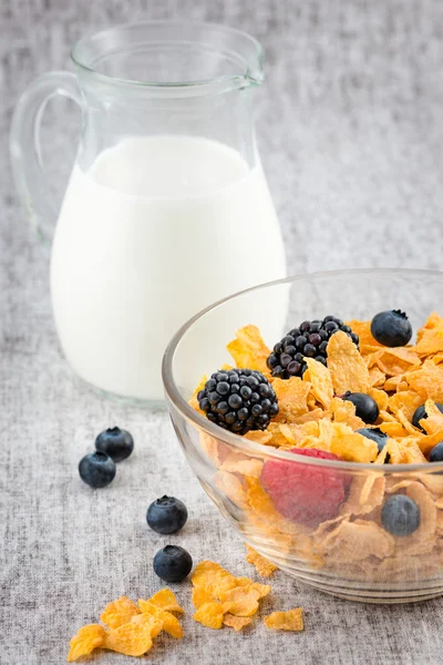 Desayuno saludable con leche y fruta fresca y cereales —  Fotos de Stock