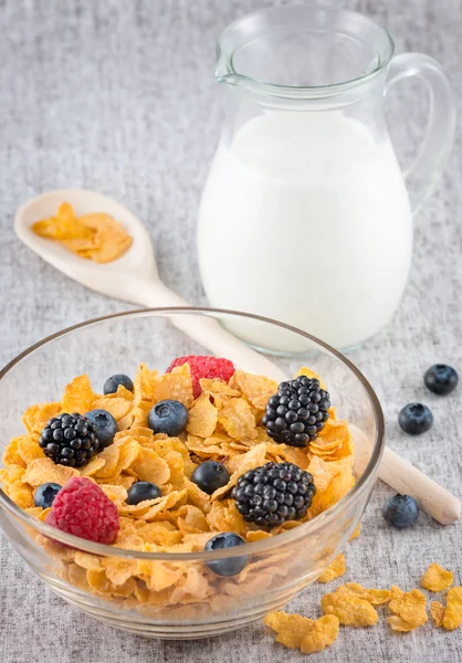 Desayuno saludable con leche y fruta fresca y cereales —  Fotos de Stock