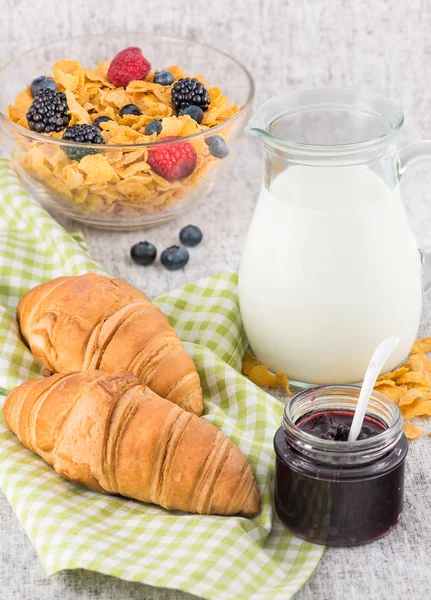 건강 한 아침 식사와 함께 우유와 신선한 과일 및 곡물 — 스톡 사진