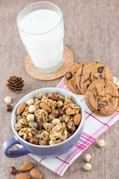 Cereálie v misce, cookies a mléko na stůl — Stock fotografie