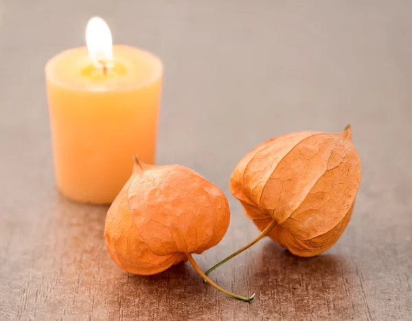 Autumn decoration with candle and Physalis alkekengi on wood Royalty Free Stock Photos
