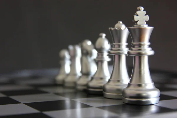 Silver King Chess Chess Pieces Chess Board Isolate Black Background — Stock Photo, Image