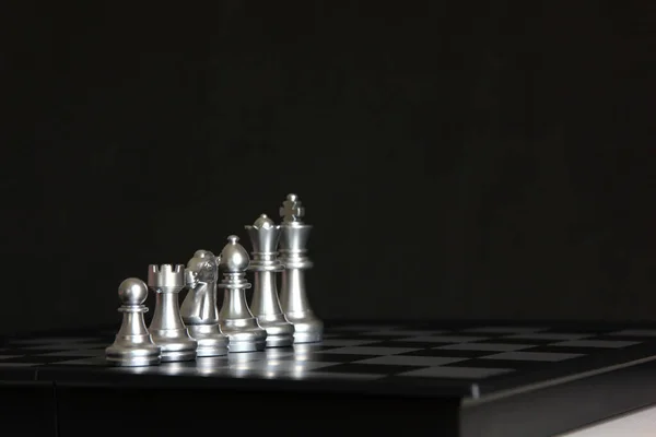 Silver Chess Pieces Chess Board Isolate Black Background — Stock Photo, Image