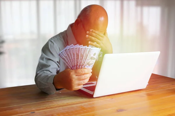 Senior Finansier Holding Dollar Hand Working Laptop Sad Moment — Stock Photo, Image