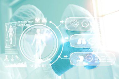 Laboratuvarda çalışan doktorlu fütüristik sağlık simgesi