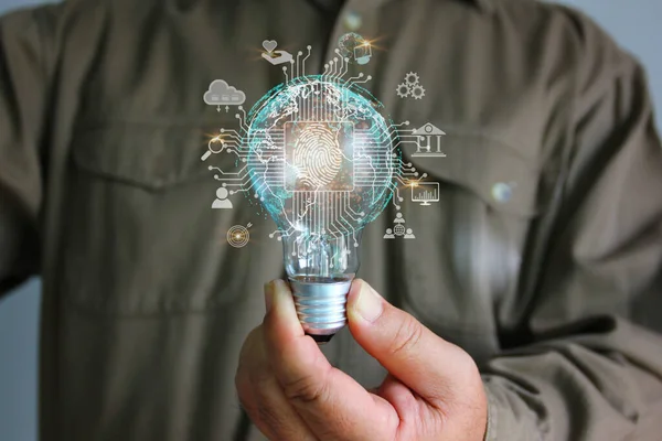 Asian Man Holding Light Bulb Futuristic Technology Icon Idea Technology — Foto Stock