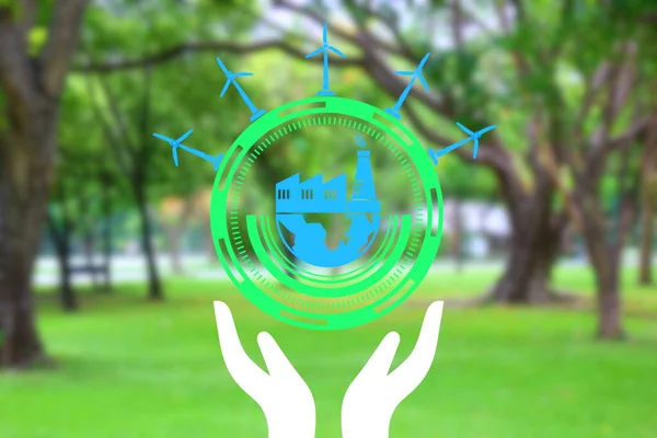 illastration hand under save world eco icon on nature background , eco environment concept