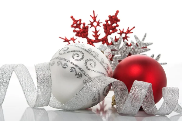 Red and silver xmas baubles — Stock Photo, Image