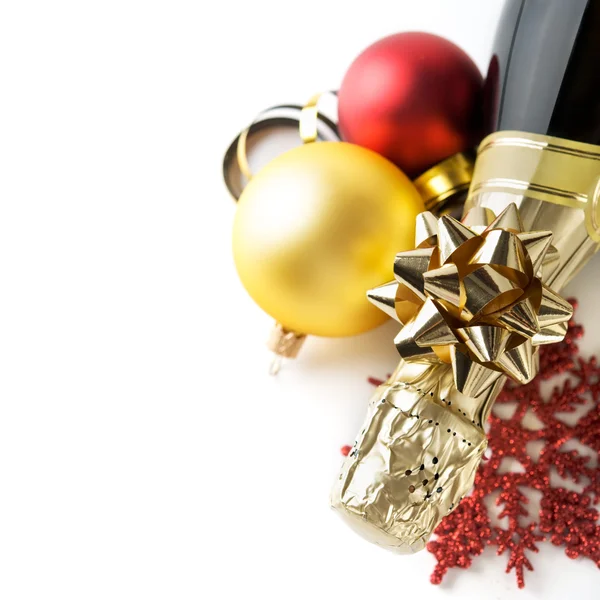 Champagne and new year (xmas) ornaments — Stock Photo, Image