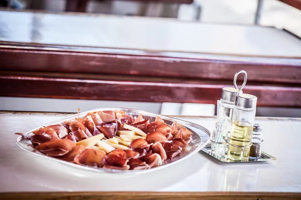 Ham and cheese on a silver platter — Stock Photo, Image