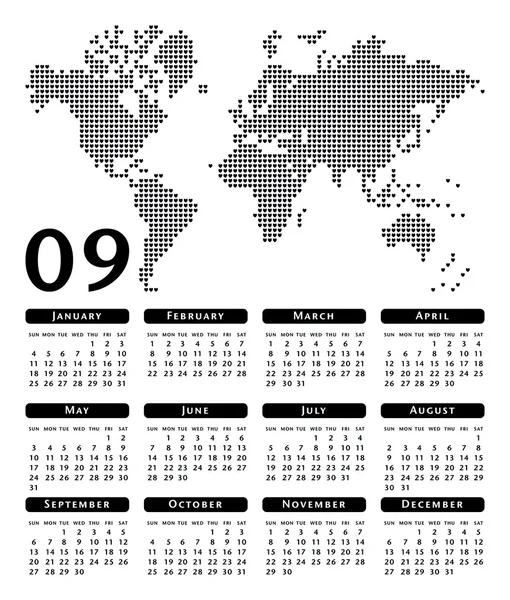 Coração em forma de pixel mapa do mundo calendário . — Vetor de Stock