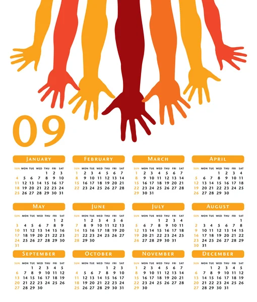 Ger händer 2009 vektor kalender. — Stock vektor