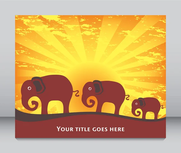 Família de elefantes ao nascer ou ao pôr-do-sol . — Vetor de Stock