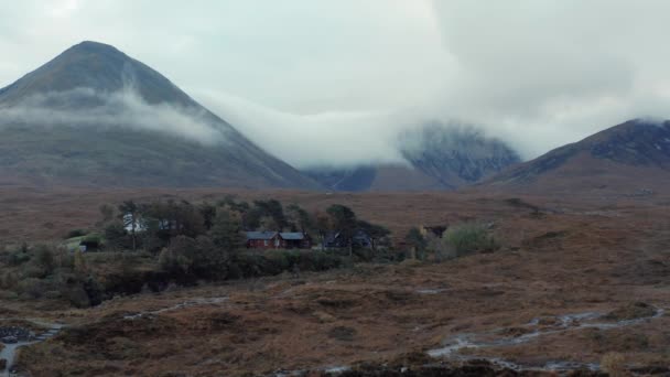 Aerial drone view of Sligachan in Isle of Skye, mountains with cloud around them on a cold foggy morning — Video Stock