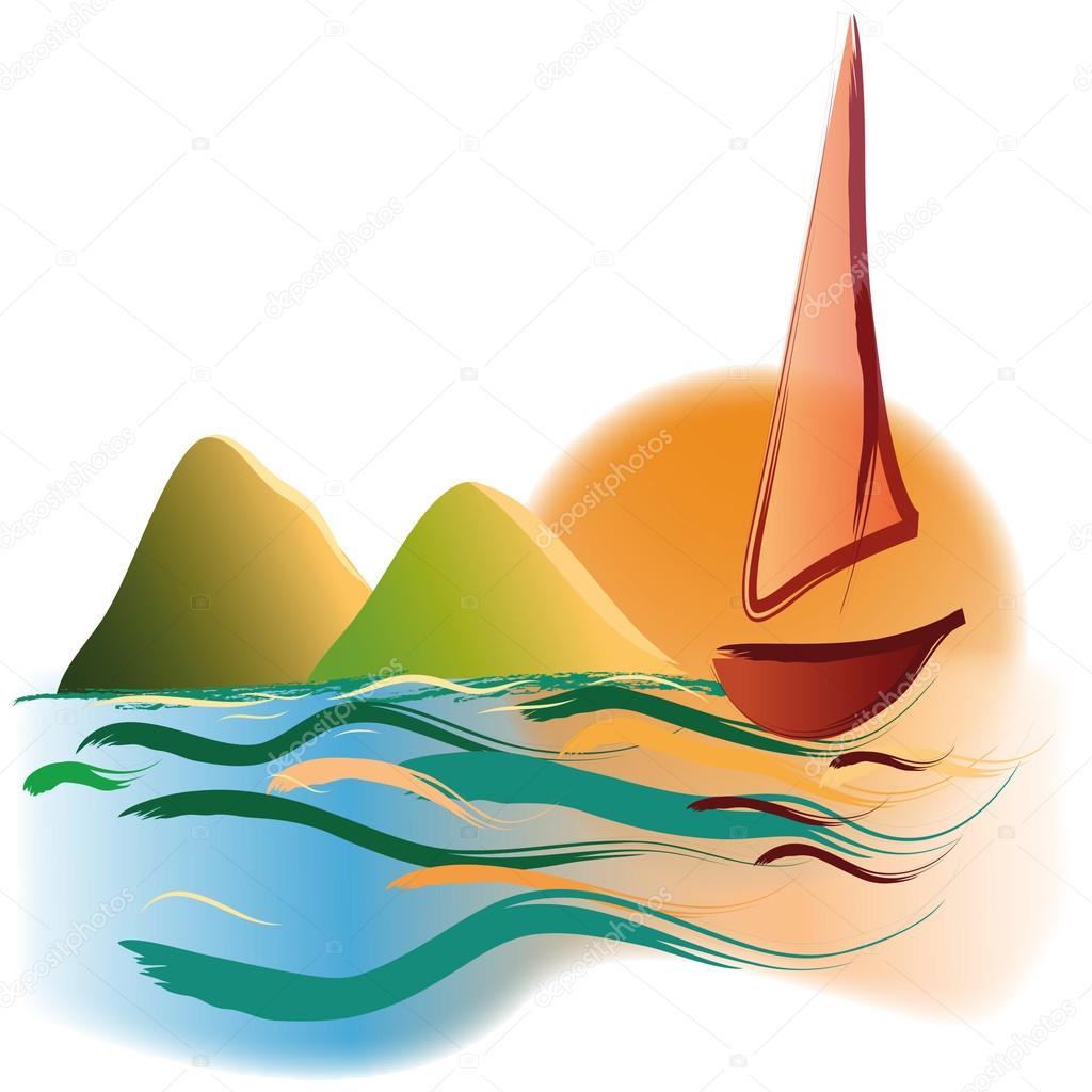 Vector Illustration of yacht at sunset mountains