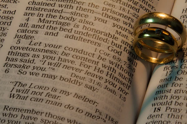 Esküvő gyűrű, így a szív alakú árnyékok a Biblia oldalak — Stock Fotó
