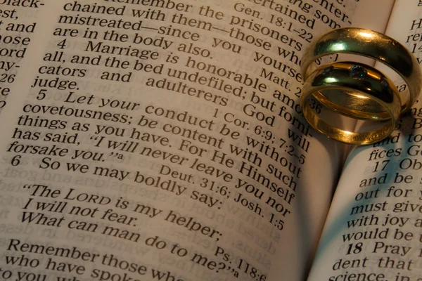 Wedding rings making heart shaped shadows on bible pages — Stock Photo, Image