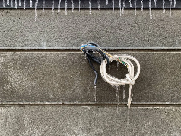 Buz saçakları erdemlilerin üzerine. Elektrik kablolarındaki buz saçağı. Kavram: Yağmurdan sonra krema