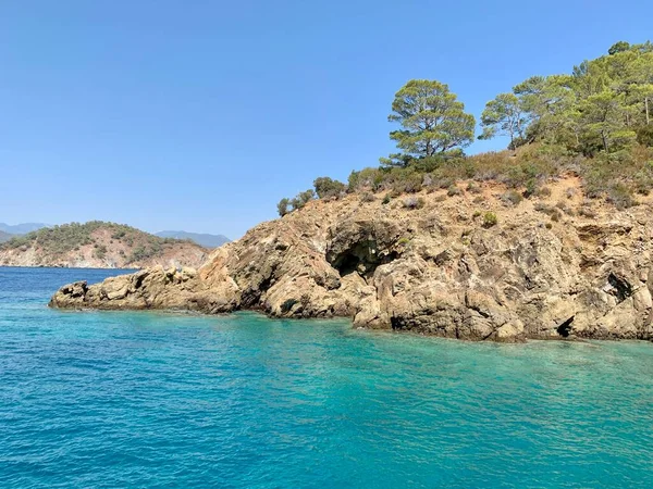 落基岛在清澈的白桦海中 地中海温暖的天堂海岸 海洋中央的岩石和树木 — 图库照片